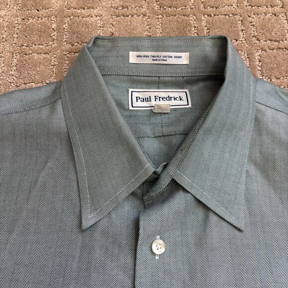 Paul Fredrick Herringbone Button Down Shirt Mens 17.5-37  Navy White Non Iron - Picture 3 of 8